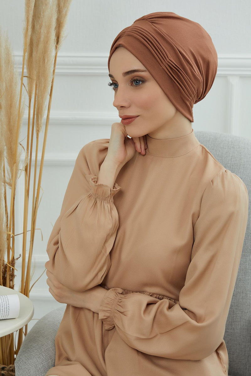 Fashionable Pleated Instant Turban Hijab for Women, Breathable Cotton Stretch Head Cover, High Quality Chemo & Alopecia Headwrap,B-19 Caramel Brown