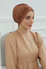 Fashionable Pleated Instant Turban Hijab for Women, Breathable Cotton Stretch Head Cover, High Quality Chemo & Alopecia Headwrap,B-19 Caramel Brown