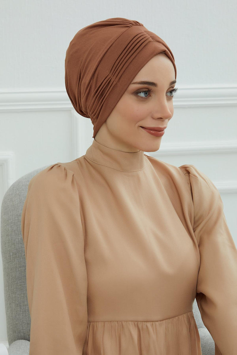 Fashionable Pleated Instant Turban Hijab for Women, Breathable Cotton Stretch Head Cover, High Quality Chemo & Alopecia Headwrap,B-19 Caramel Brown