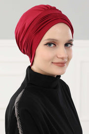 Fashionable Pleated Instant Turban Hijab for Women, Breathable Cotton Stretch Head Cover, High Quality Chemo & Alopecia Headwrap,B-19 Maroon