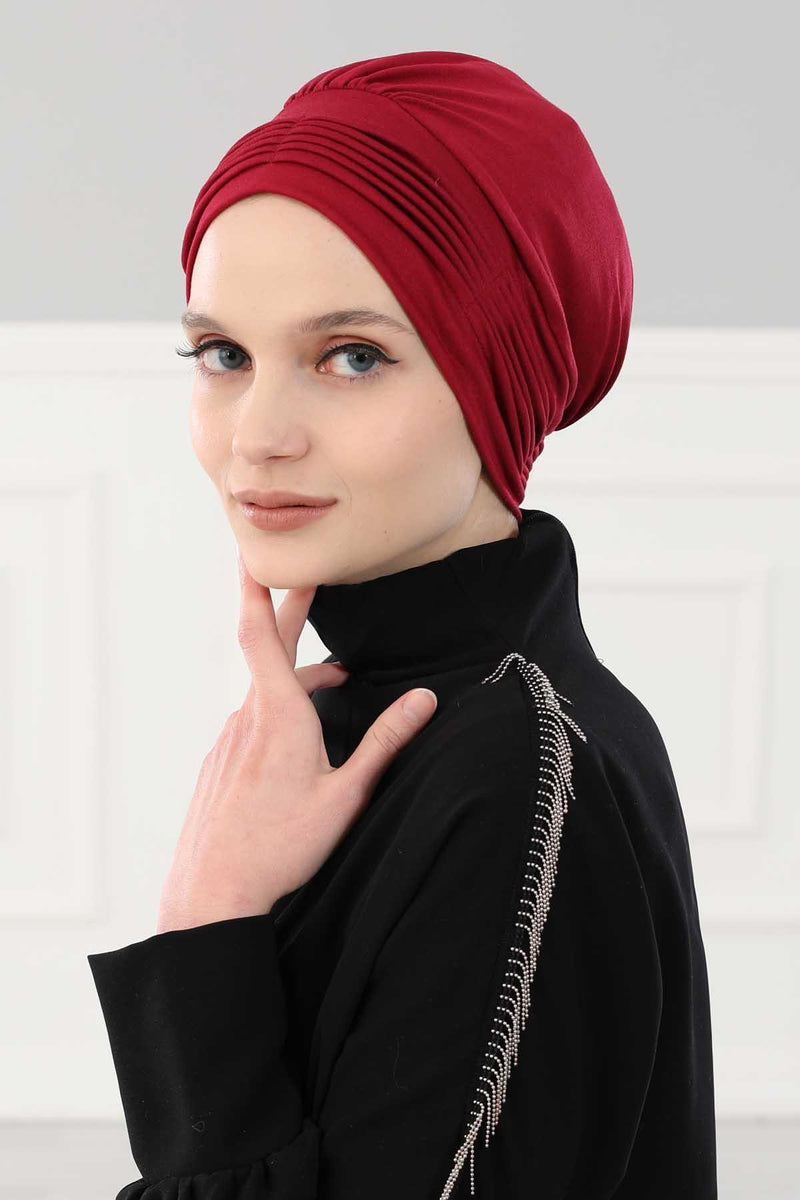 Fashionable Pleated Instant Turban Hijab for Women, Breathable Cotton Stretch Head Cover, High Quality Chemo & Alopecia Headwrap,B-19 Maroon
