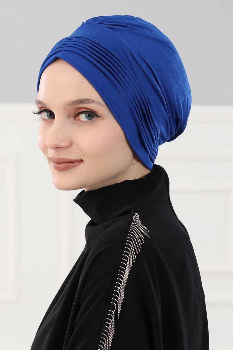Fashionable Pleated Instant Turban Hijab for Women, Breathable Cotton Stretch Head Cover, High Quality Chemo & Alopecia Headwrap,B-19 Sax Blue