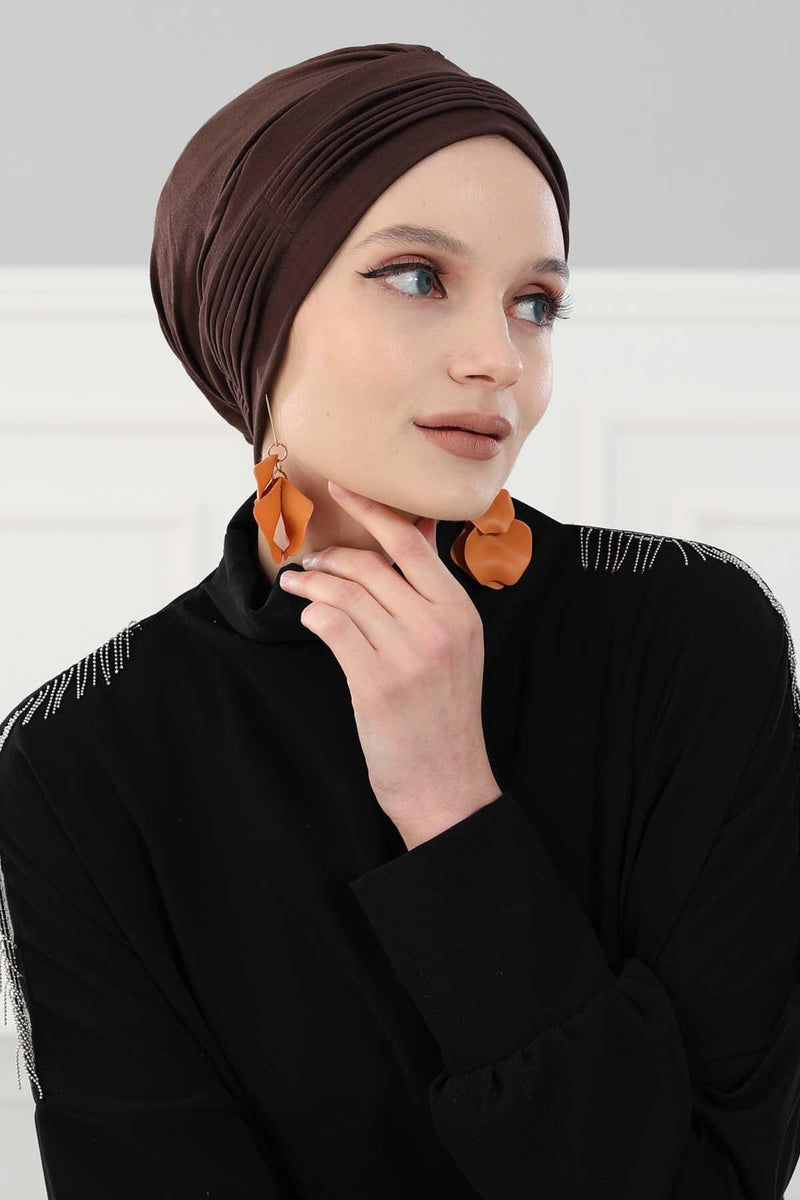 Fashionable Pleated Instant Turban Hijab for Women, Breathable Cotton Stretch Head Cover, High Quality Chemo & Alopecia Headwrap,B-19 Brown