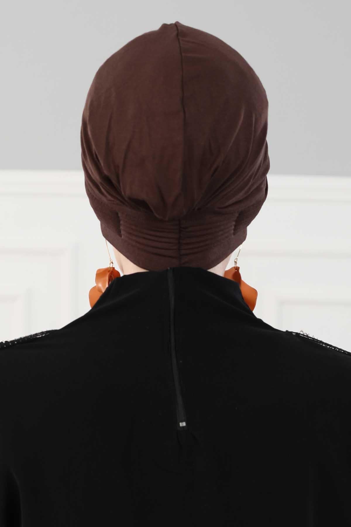 Fashionable Pleated Instant Turban Hijab for Women, Breathable Cotton Stretch Head Cover, High Quality Chemo & Alopecia Headwrap,B-19 Brown