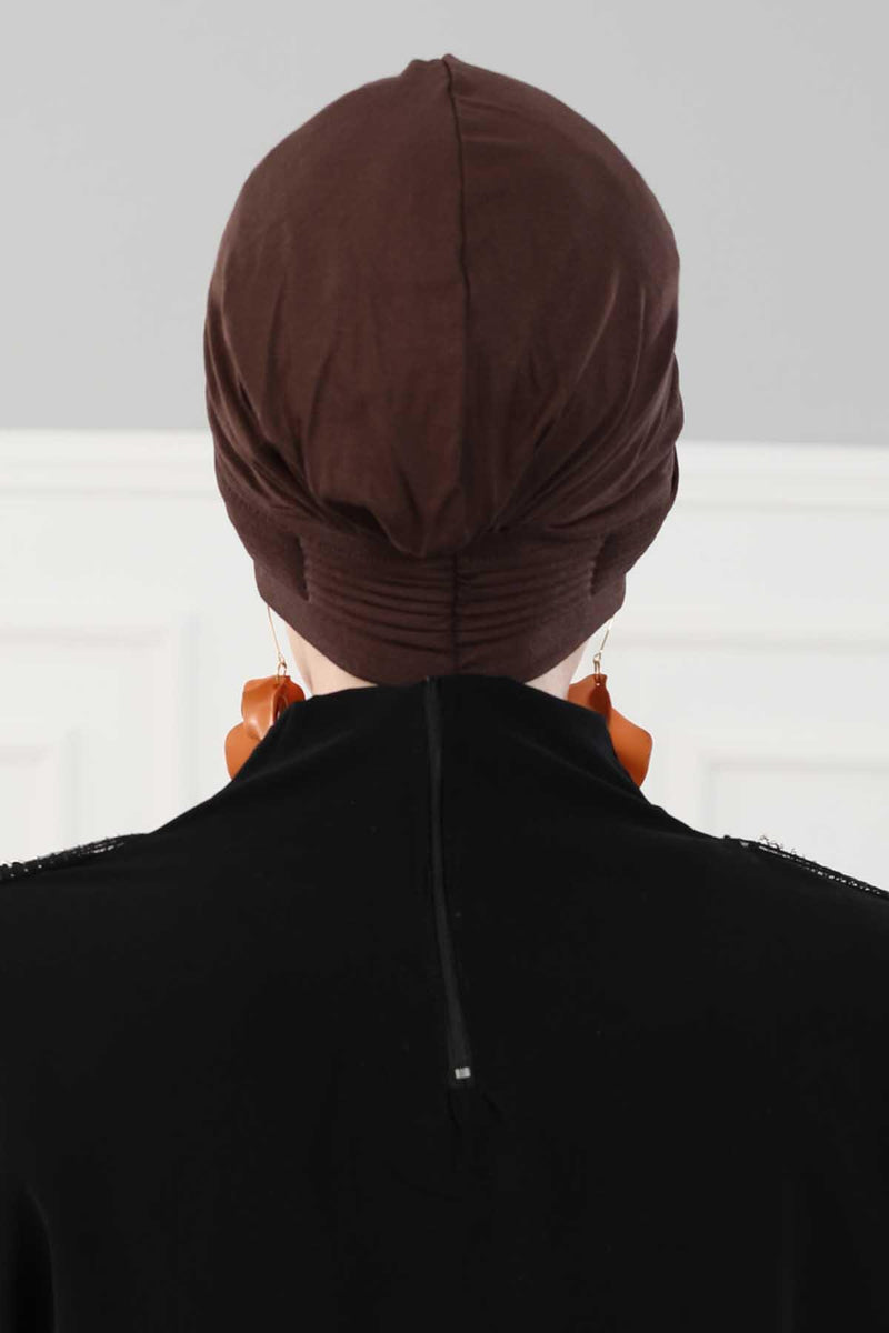 Fashionable Pleated Instant Turban Hijab for Women, Breathable Cotton Stretch Head Cover, High Quality Chemo & Alopecia Headwrap,B-19 Brown