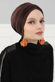 Fashionable Pleated Instant Turban Hijab for Women, Breathable Cotton Stretch Head Cover, High Quality Chemo & Alopecia Headwrap,B-19 Brown