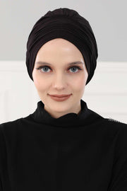 Fashionable Pleated Instant Turban Hijab for Women, Breathable Cotton Stretch Head Cover, High Quality Chemo & Alopecia Headwrap,B-19 Black