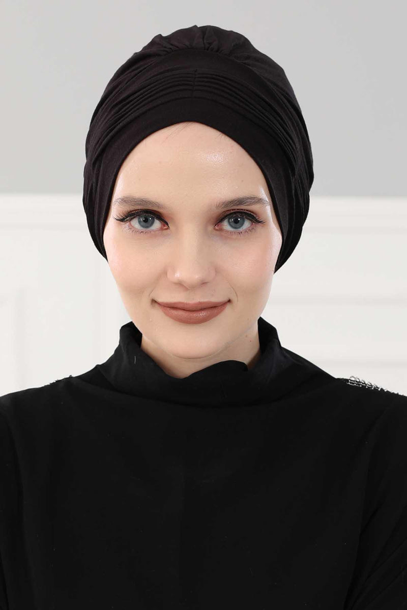 Fashionable Pleated Instant Turban Hijab for Women, Breathable Cotton Stretch Head Cover, High Quality Chemo & Alopecia Headwrap,B-19 Black