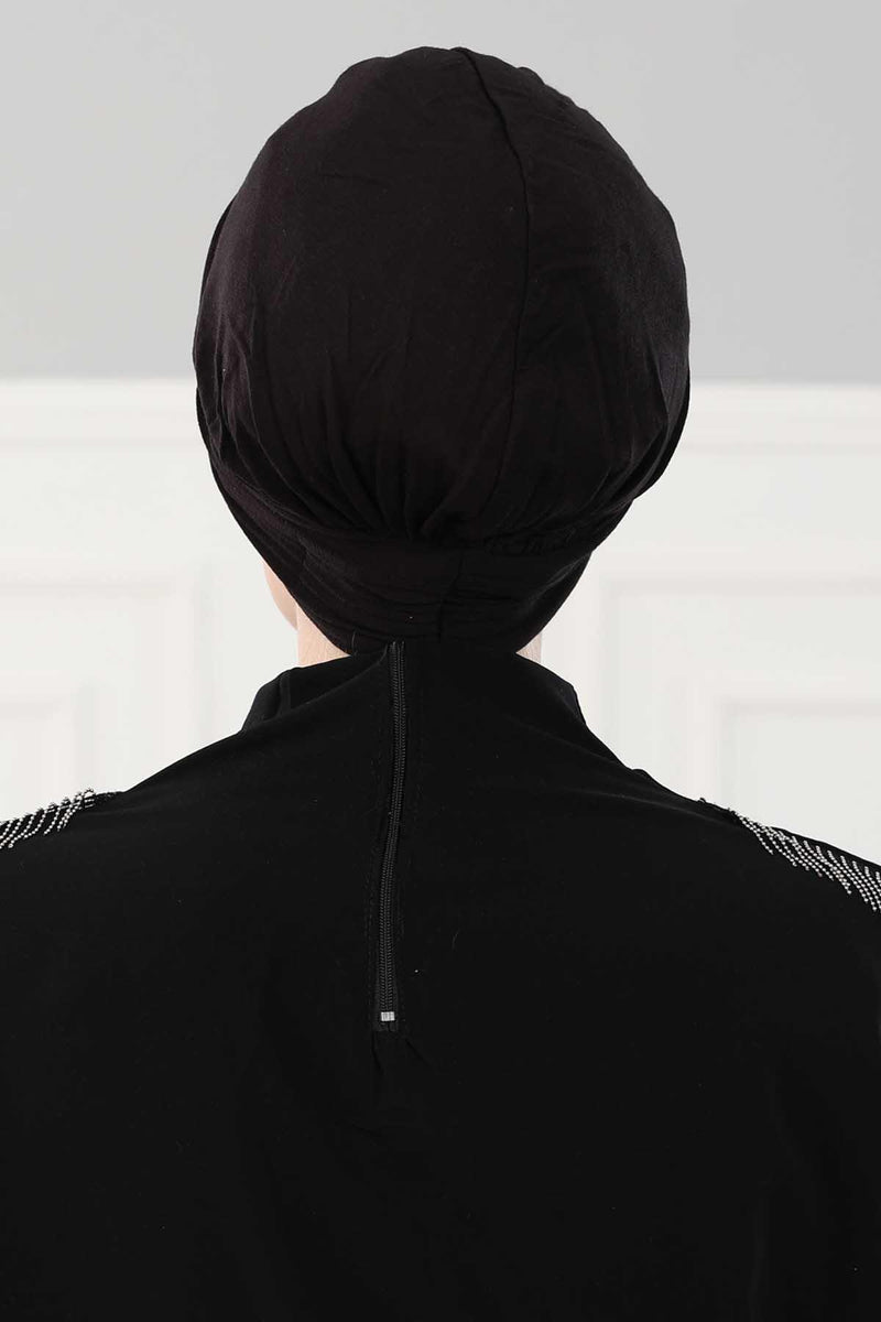 Fashionable Pleated Instant Turban Hijab for Women, Breathable Cotton Stretch Head Cover, High Quality Chemo & Alopecia Headwrap,B-19 Black