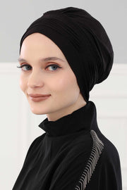 Fashionable Pleated Instant Turban Hijab for Women, Breathable Cotton Stretch Head Cover, High Quality Chemo & Alopecia Headwrap,B-19 Black