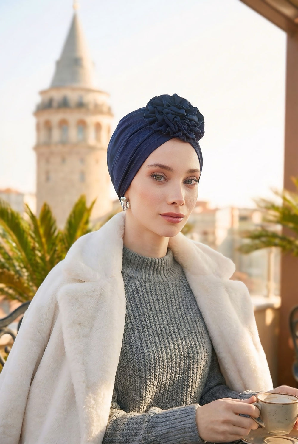 Floral Design Instant Turban Hijab for All Seasons, Ready to Wear Headscarf with Rose Accent, Soft Stretchy Fabric, Comfortable One Size Head Cover for Women,B-21O Navy Blue