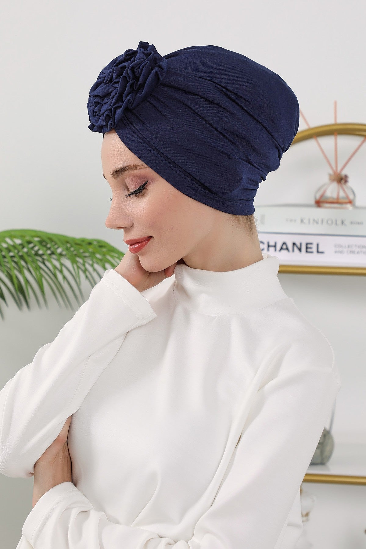 Floral Design Instant Turban Hijab for All Seasons, Ready to Wear Headscarf with Rose Accent, Soft Stretchy Fabric, Comfortable One Size Head Cover for Women,B-21O Navy Blue