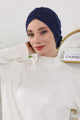 Floral Design Instant Turban Hijab for All Seasons, Ready to Wear Headscarf with Rose Accent, Soft Stretchy Fabric, Comfortable One Size Head Cover for Women,B-21O Navy Blue