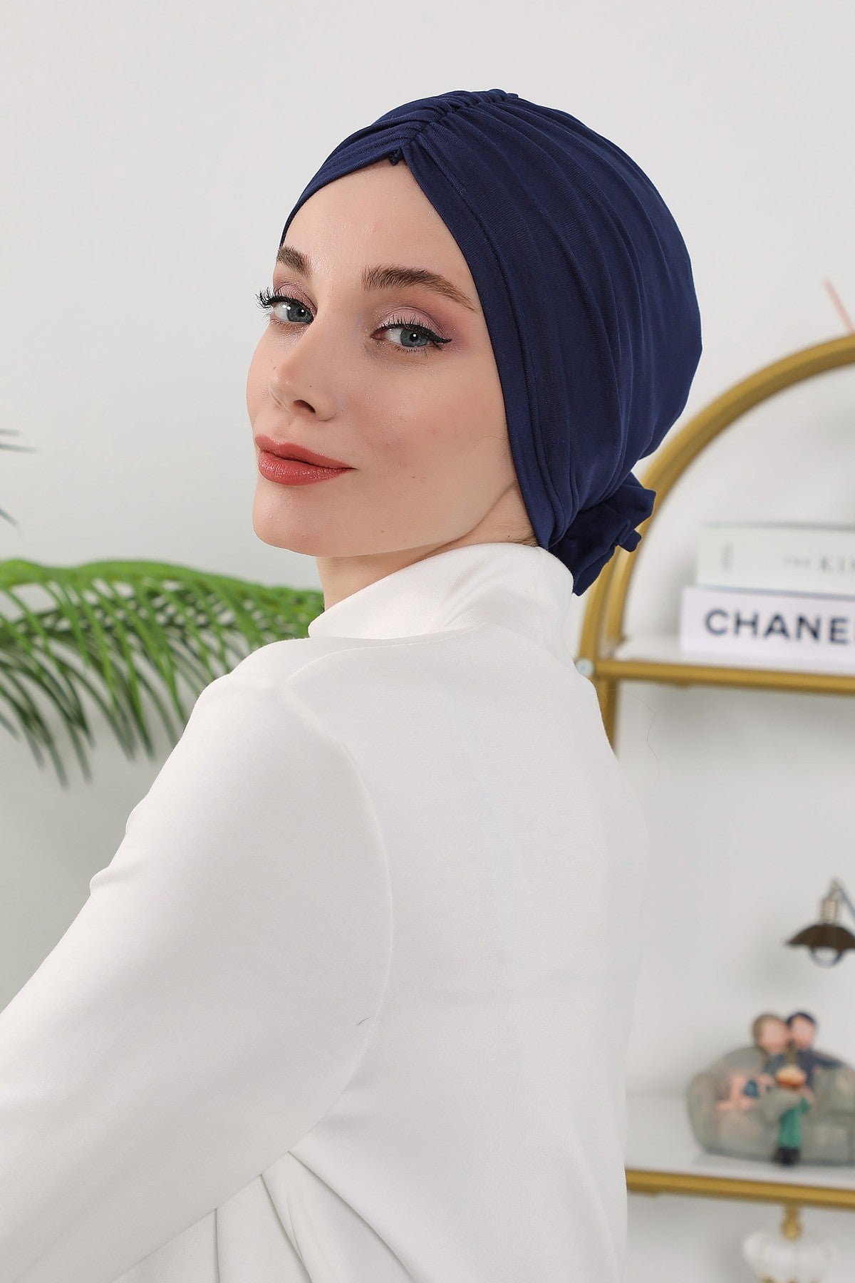Floral Design Instant Turban Hijab for All Seasons, Ready to Wear Headscarf with Rose Accent, Soft Stretchy Fabric, Comfortable One Size Head Cover for Women,B-21O Navy Blue