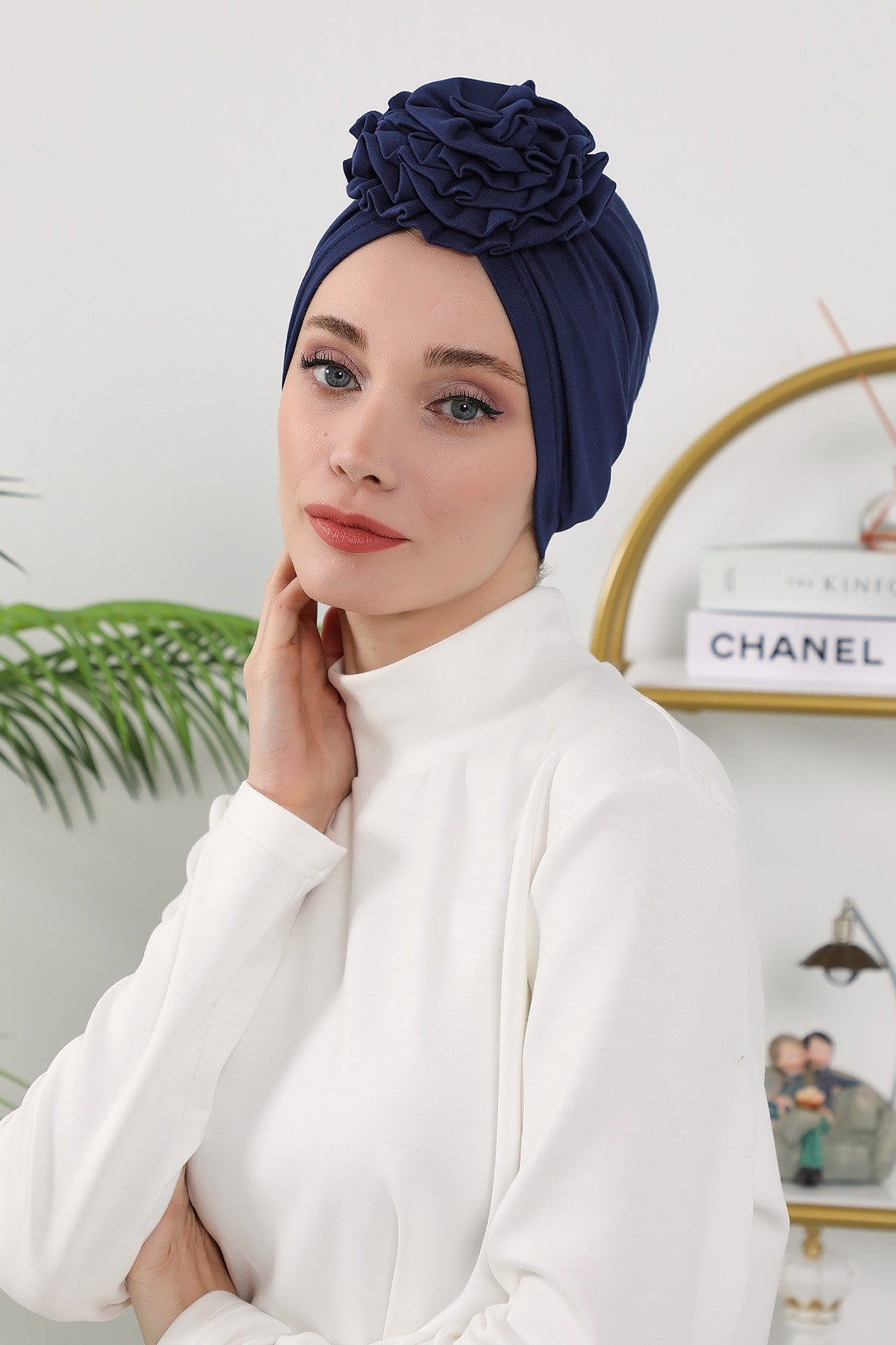 Floral Design Instant Turban Hijab for All Seasons, Ready to Wear Headscarf with Rose Accent, Soft Stretchy Fabric, Comfortable One Size Head Cover for Women,B-21O Navy Blue