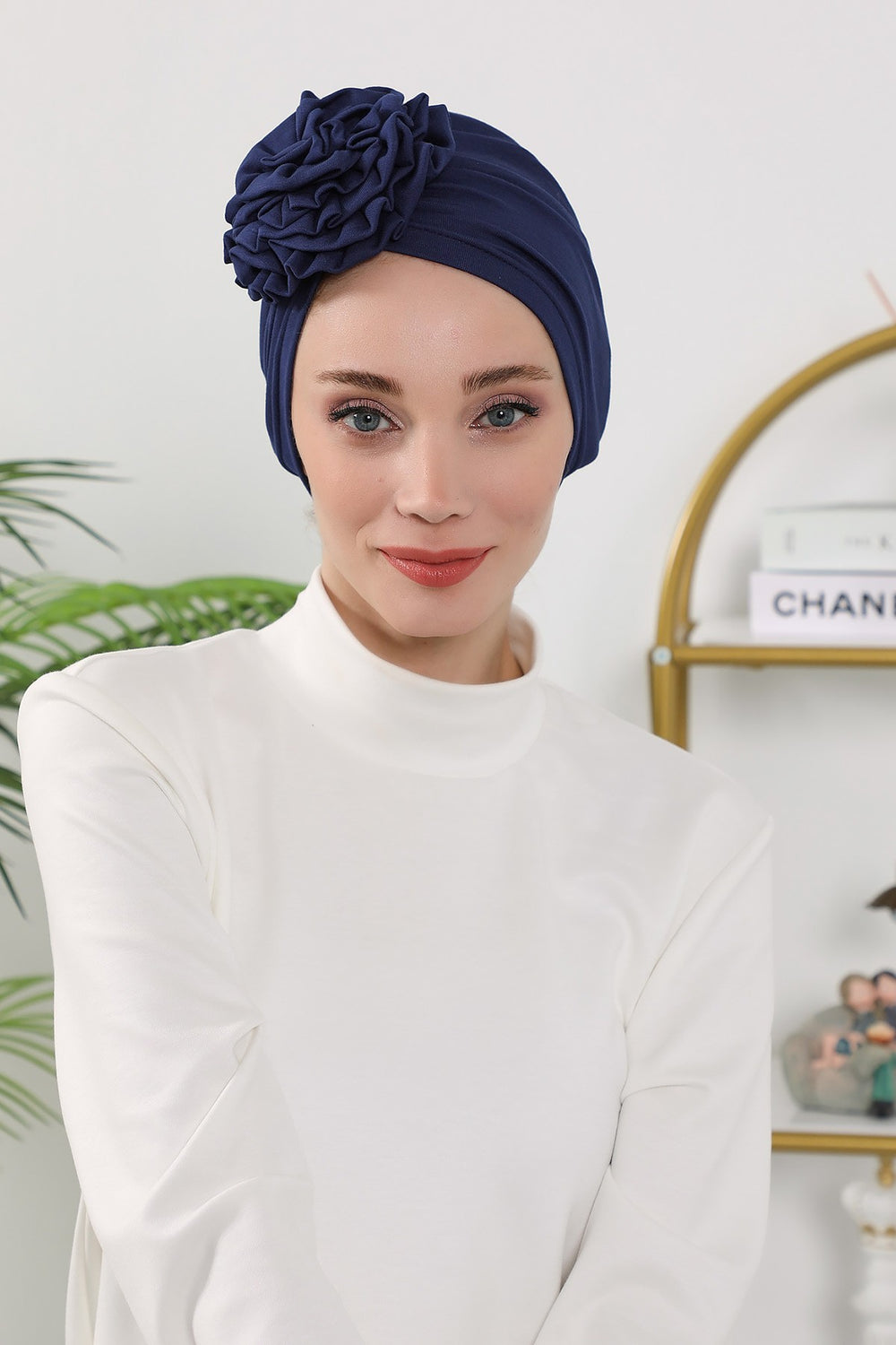 Floral Design Instant Turban Hijab for All Seasons, Ready to Wear Headscarf with Rose Accent, Soft Stretchy Fabric, Comfortable One Size Head Cover for Women,B-21O Navy Blue