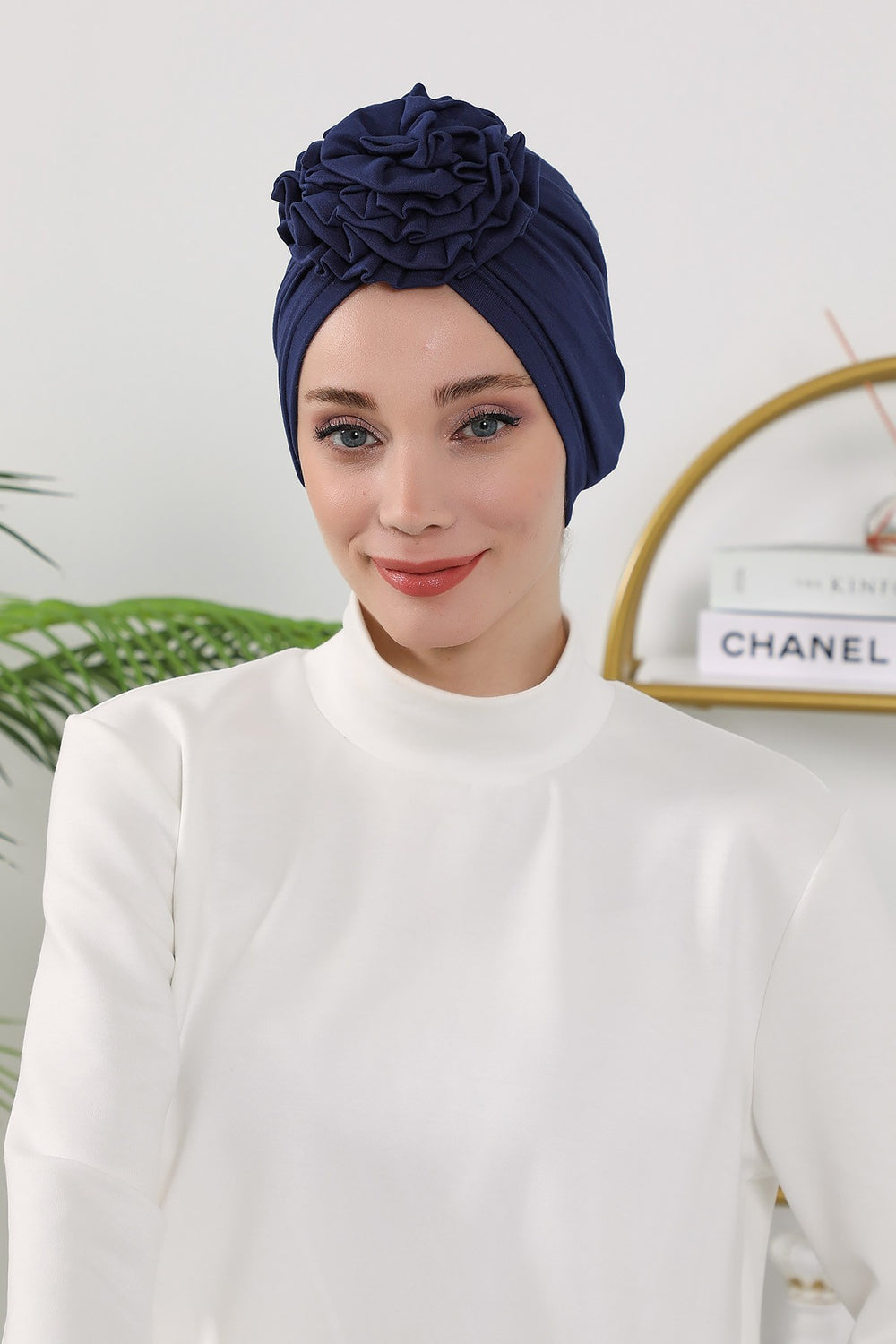 Floral Design Instant Turban Hijab for All Seasons, Ready to Wear Headscarf with Rose Accent, Soft Stretchy Fabric, Comfortable One Size Head Cover for Women,B-21O Navy Blue