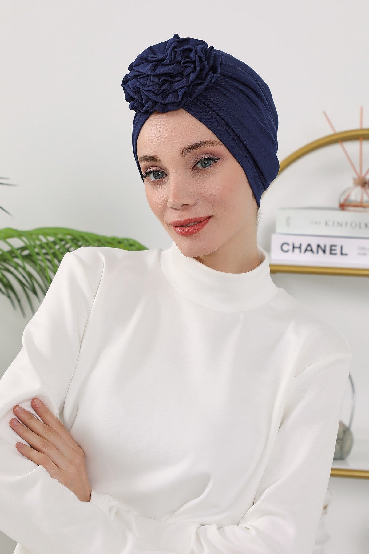 Floral Design Instant Turban Hijab for All Seasons, Ready to Wear Headscarf with Rose Accent, Soft Stretchy Fabric, Comfortable One Size Head Cover for Women,B-21O Navy Blue