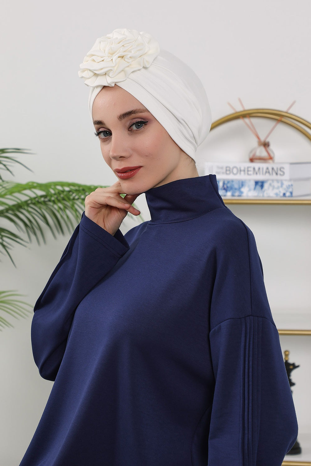 Floral Design Instant Turban Hijab for All Seasons, Ready to Wear Headscarf with Rose Accent, Soft Stretchy Fabric, Comfortable One Size Head Cover for Women,B-21O Ecru