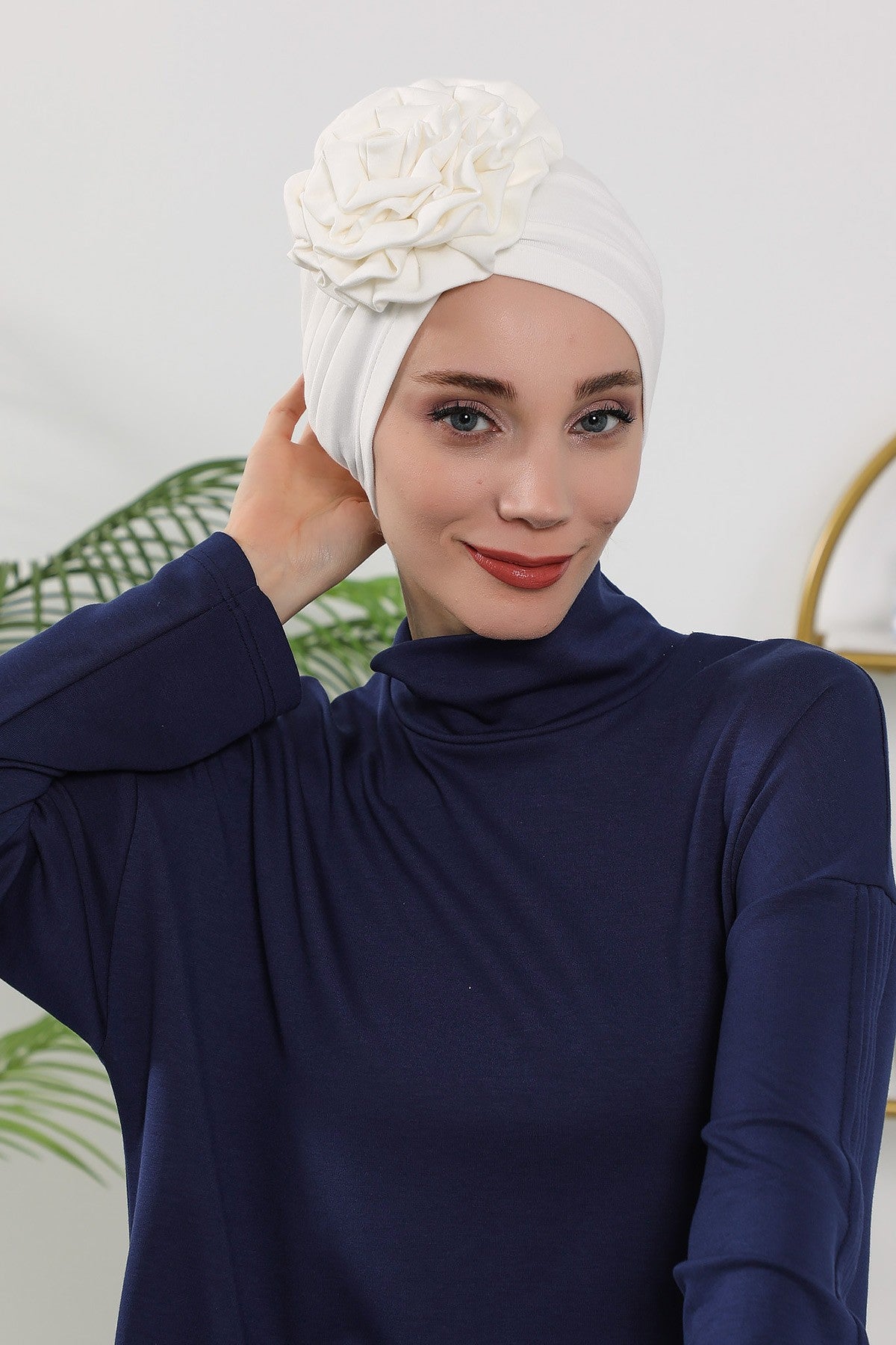 Floral Design Instant Turban Hijab for All Seasons, Ready to Wear Headscarf with Rose Accent, Soft Stretchy Fabric, Comfortable One Size Head Cover for Women,B-21O Ecru
