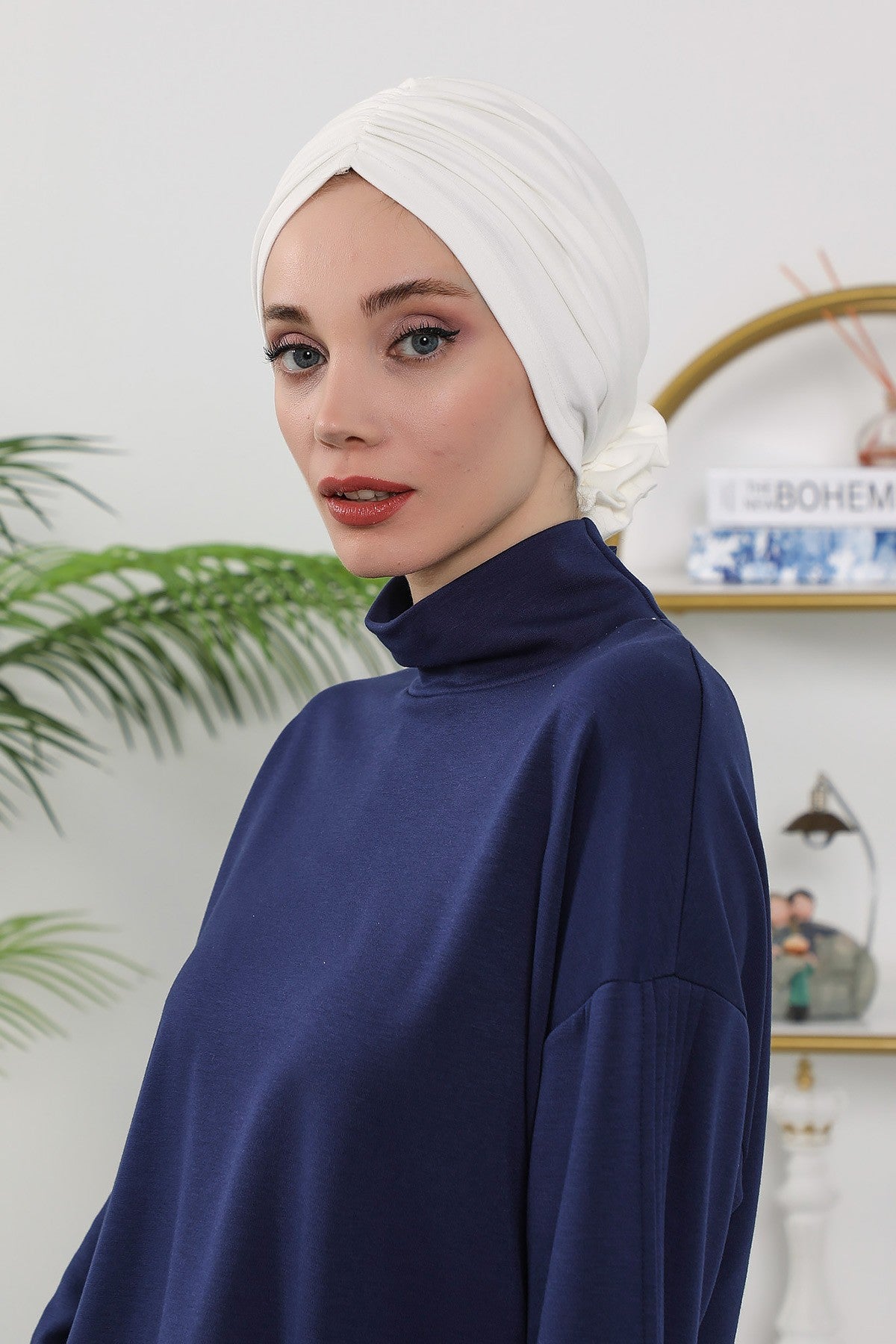 Floral Design Instant Turban Hijab for All Seasons, Ready to Wear Headscarf with Rose Accent, Soft Stretchy Fabric, Comfortable One Size Head Cover for Women,B-21O Ecru