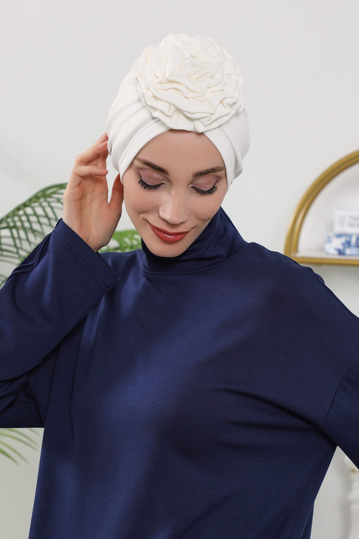 Floral Design Instant Turban Hijab for All Seasons, Ready to Wear Headscarf with Rose Accent, Soft Stretchy Fabric, Comfortable One Size Head Cover for Women,B-21O Ecru