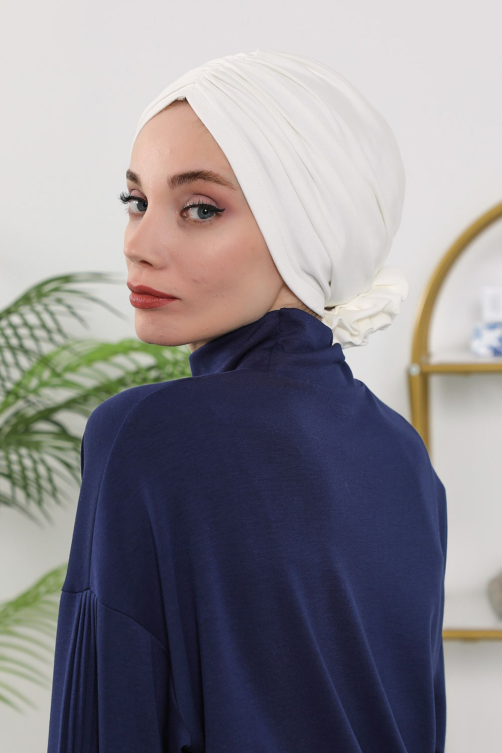 Floral Design Instant Turban Hijab for All Seasons, Ready to Wear Headscarf with Rose Accent, Soft Stretchy Fabric, Comfortable One Size Head Cover for Women,B-21O Ecru