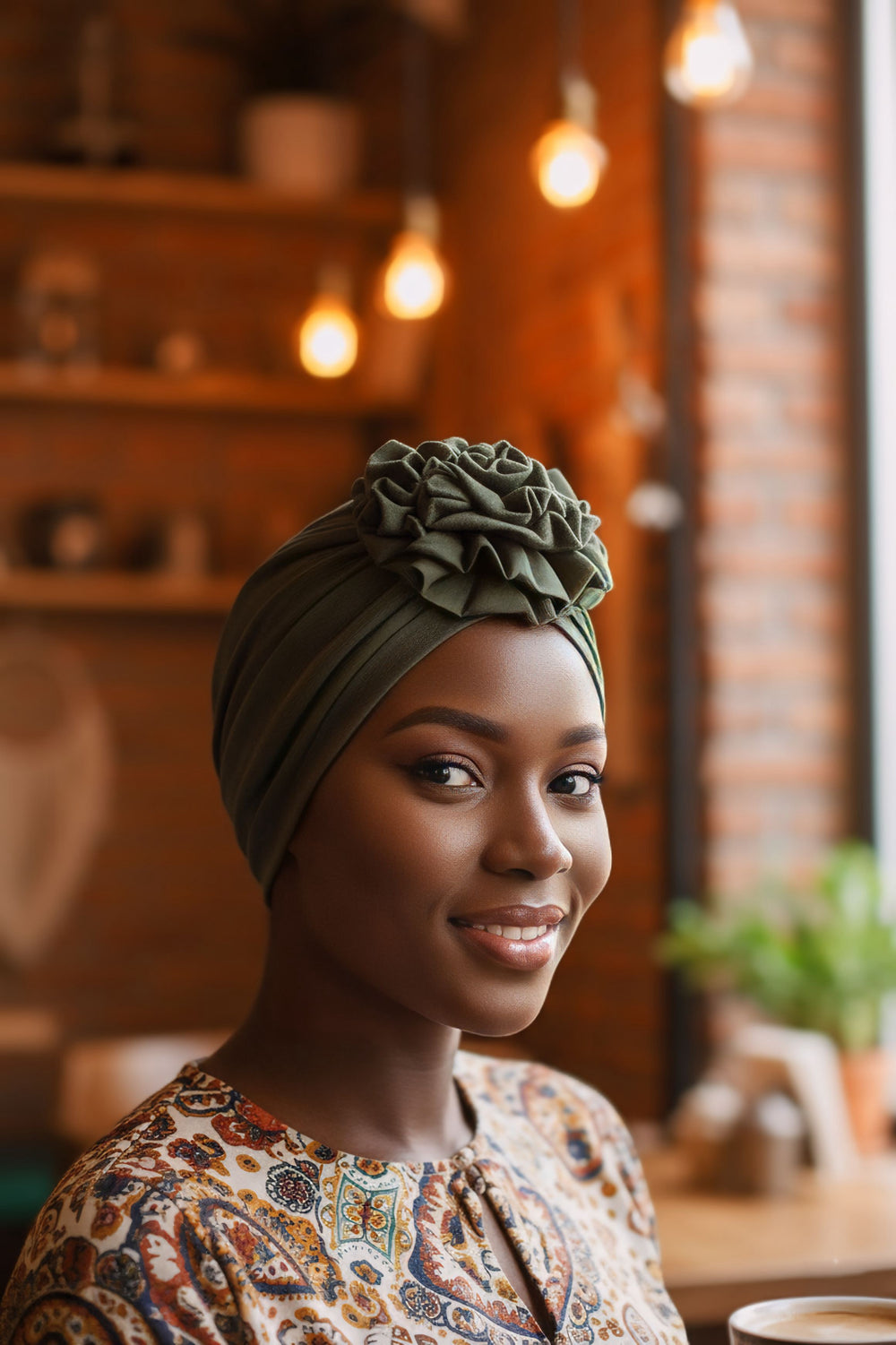Floral Design Instant Turban Hijab for All Seasons, Ready to Wear Headscarf with Rose Accent, Soft Stretchy Fabric, Comfortable One Size Head Cover for Women,B-21O Army Green