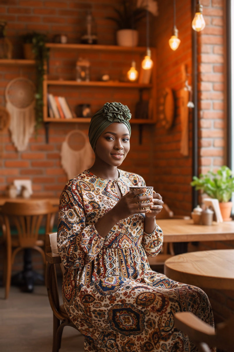 Floral Design Instant Turban Hijab for All Seasons, Ready to Wear Headscarf with Rose Accent, Soft Stretchy Fabric, Comfortable One Size Head Cover for Women,B-21O