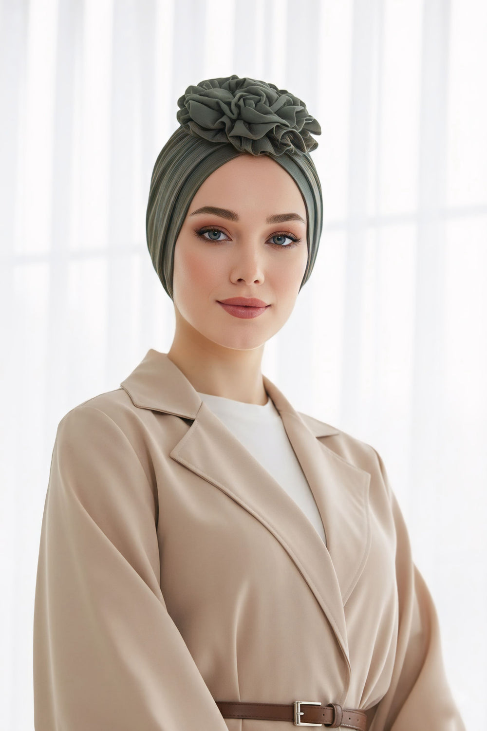 Floral Design Instant Turban Hijab for All Seasons, Ready to Wear Headscarf with Rose Accent, Soft Stretchy Fabric, Comfortable One Size Head Cover for Women,B-21O Army Green