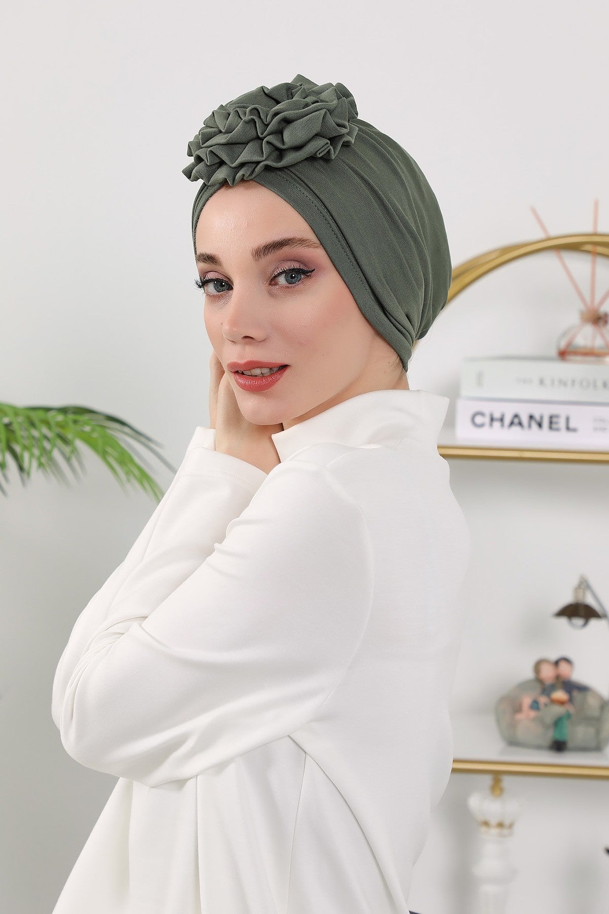 Floral Design Instant Turban Hijab for All Seasons, Ready to Wear Headscarf with Rose Accent, Soft Stretchy Fabric, Comfortable One Size Head Cover for Women,B-21O Army Green