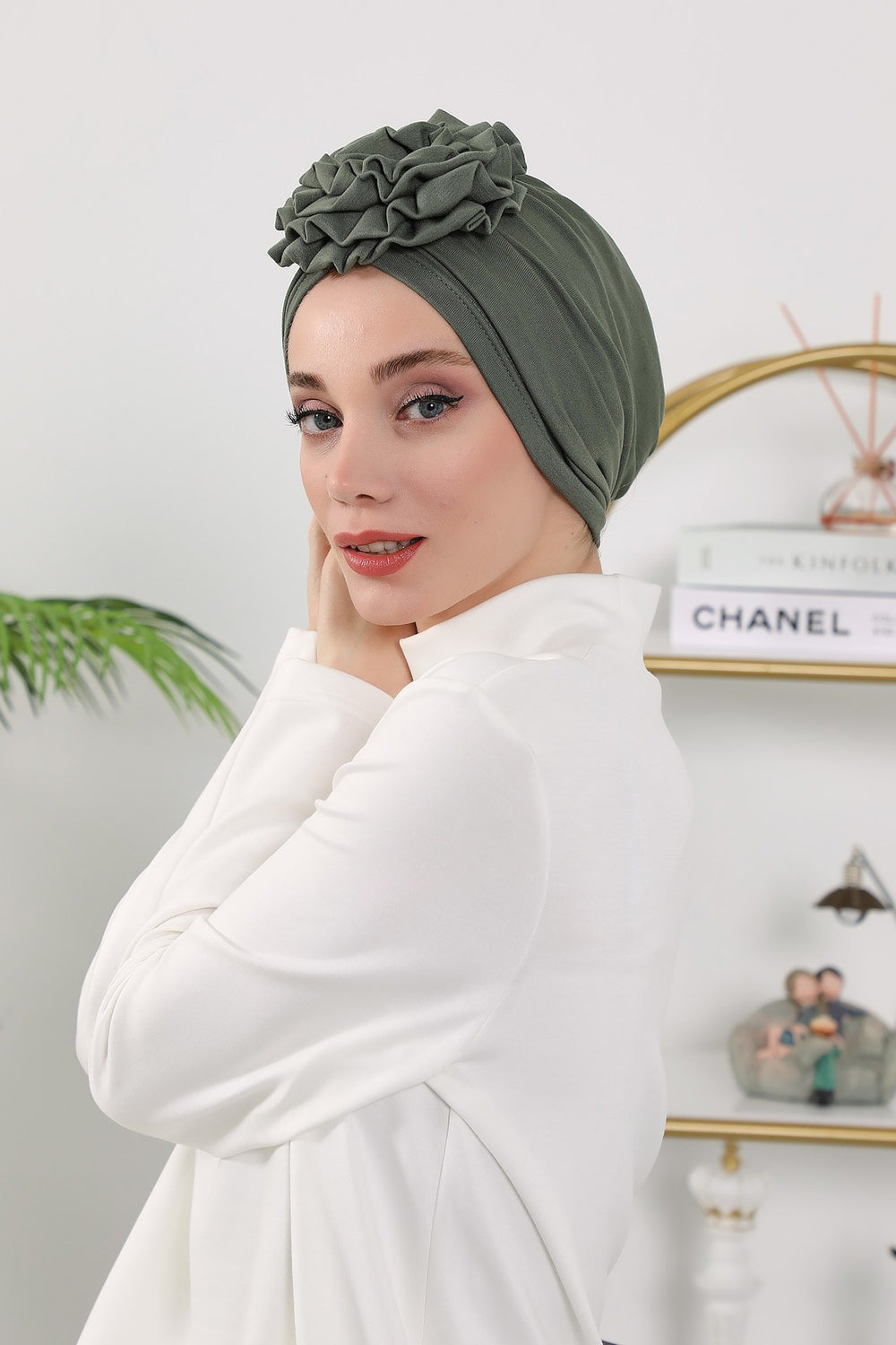 Floral Design Instant Turban Hijab for All Seasons, Ready to Wear Headscarf with Rose Accent, Soft Stretchy Fabric, Comfortable One Size Head Cover for Women,B-21O Army Green