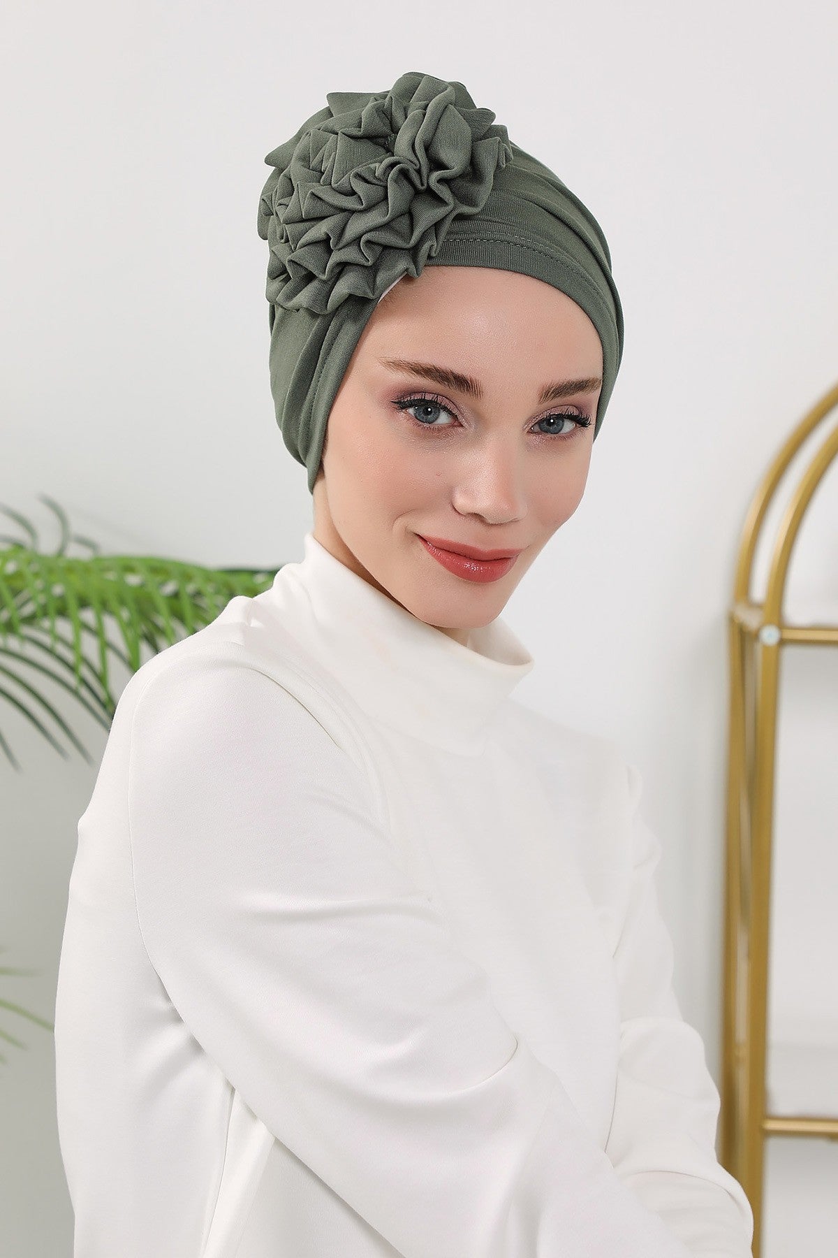Floral Design Instant Turban Hijab for All Seasons, Ready to Wear Headscarf with Rose Accent, Soft Stretchy Fabric, Comfortable One Size Head Cover for Women,B-21O Army Green