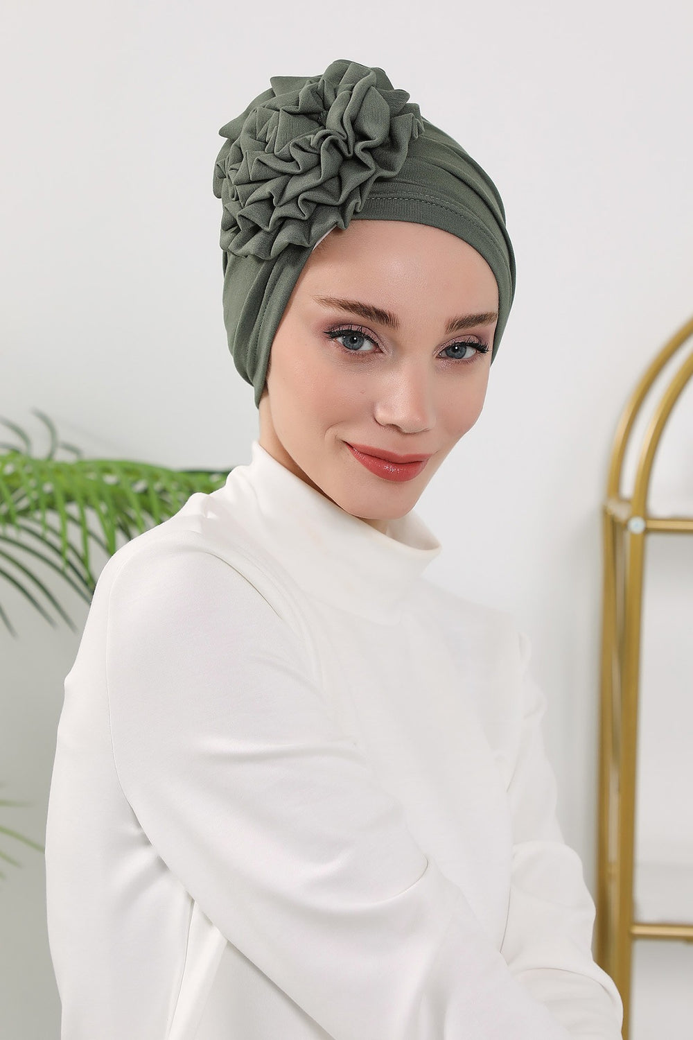 Floral Design Instant Turban Hijab for All Seasons, Ready to Wear Headscarf with Rose Accent, Soft Stretchy Fabric, Comfortable One Size Head Cover for Women,B-21O Army Green