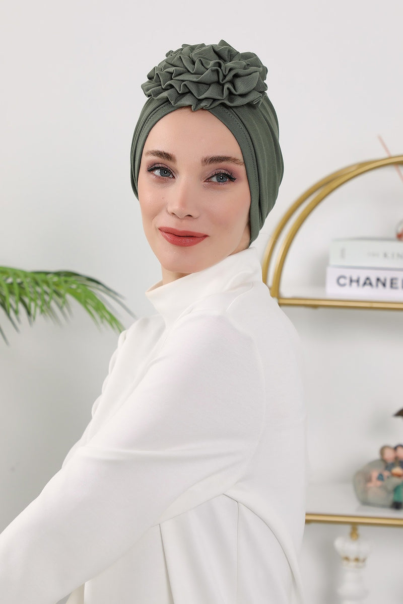 Floral Design Instant Turban Hijab for All Seasons, Ready to Wear Headscarf with Rose Accent, Soft Stretchy Fabric, Comfortable One Size Head Cover for Women,B-21O