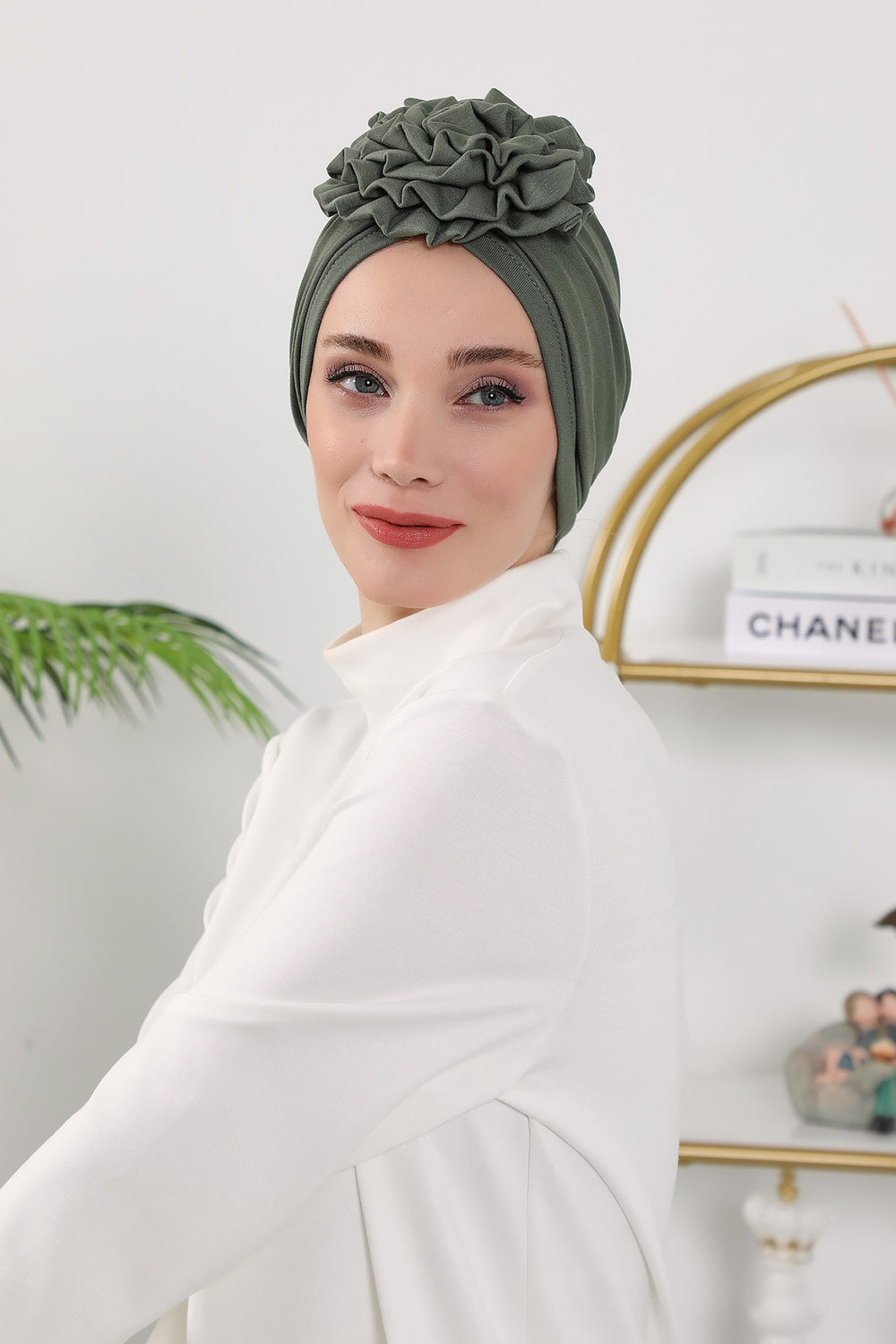Floral Design Instant Turban Hijab for All Seasons, Ready to Wear Headscarf with Rose Accent, Soft Stretchy Fabric, Comfortable One Size Head Cover for Women,B-21O Army Green