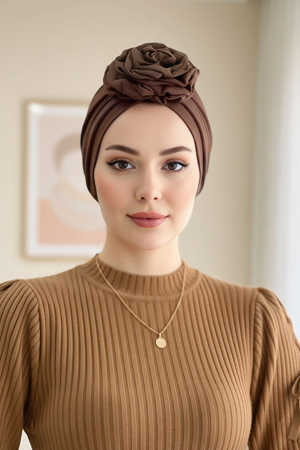 Floral Design Instant Turban Hijab for All Seasons, Ready to Wear Headscarf with Rose Accent, Soft Stretchy Fabric, Comfortable One Size Head Cover for Women,B-21O Brown
