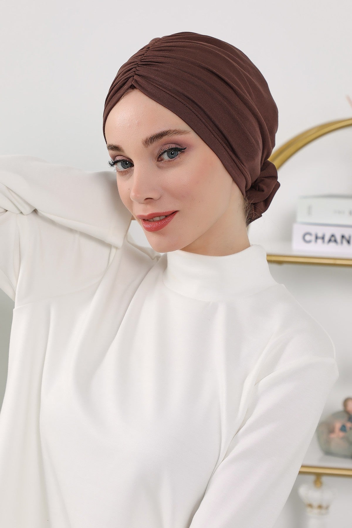 Floral Design Instant Turban Hijab for All Seasons, Ready to Wear Headscarf with Rose Accent, Soft Stretchy Fabric, Comfortable One Size Head Cover for Women,B-21O Brown