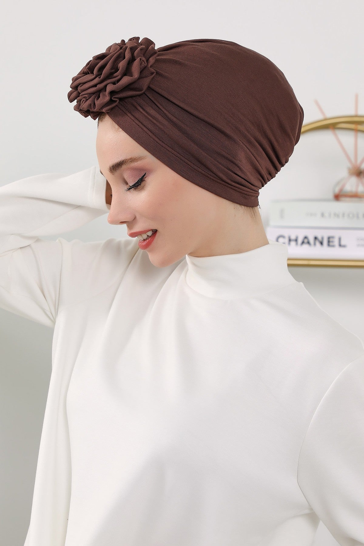 Floral Design Instant Turban Hijab for All Seasons, Ready to Wear Headscarf with Rose Accent, Soft Stretchy Fabric, Comfortable One Size Head Cover for Women,B-21O Brown