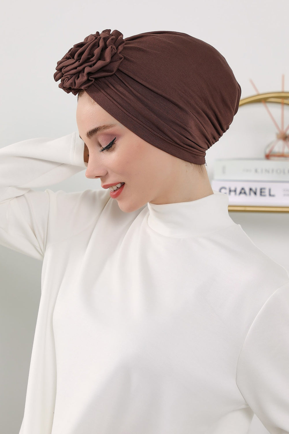 Floral Design Instant Turban Hijab for All Seasons, Ready to Wear Headscarf with Rose Accent, Soft Stretchy Fabric, Comfortable One Size Head Cover for Women,B-21O Brown