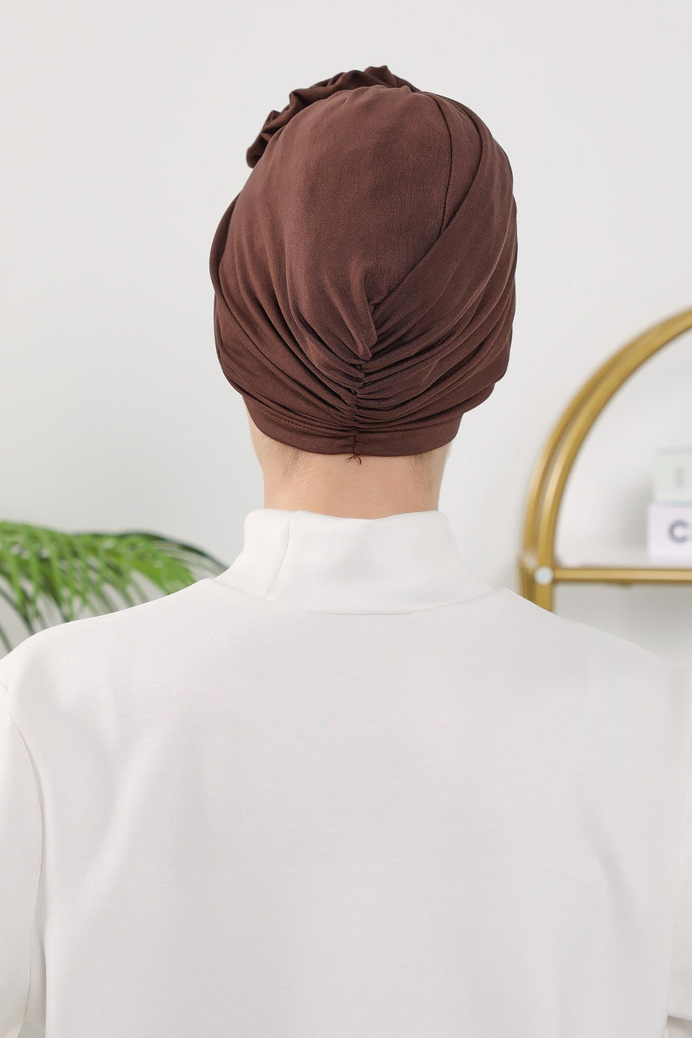 Floral Design Instant Turban Hijab for All Seasons, Ready to Wear Headscarf with Rose Accent, Soft Stretchy Fabric, Comfortable One Size Head Cover for Women,B-21O Brown