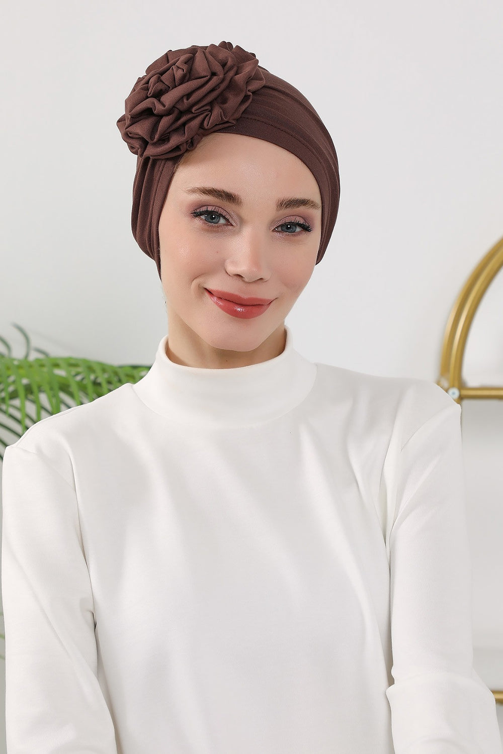 Floral Design Instant Turban Hijab for All Seasons, Ready to Wear Headscarf with Rose Accent, Soft Stretchy Fabric, Comfortable One Size Head Cover for Women,B-21O Brown