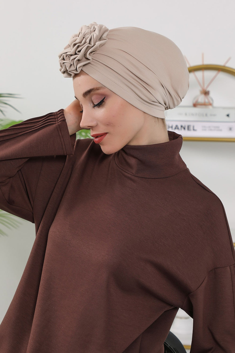 Floral Design Instant Turban Hijab for All Seasons, Ready to Wear Headscarf with Rose Accent, Soft Stretchy Fabric, Comfortable One Size Head Cover for Women,B-21O Beige