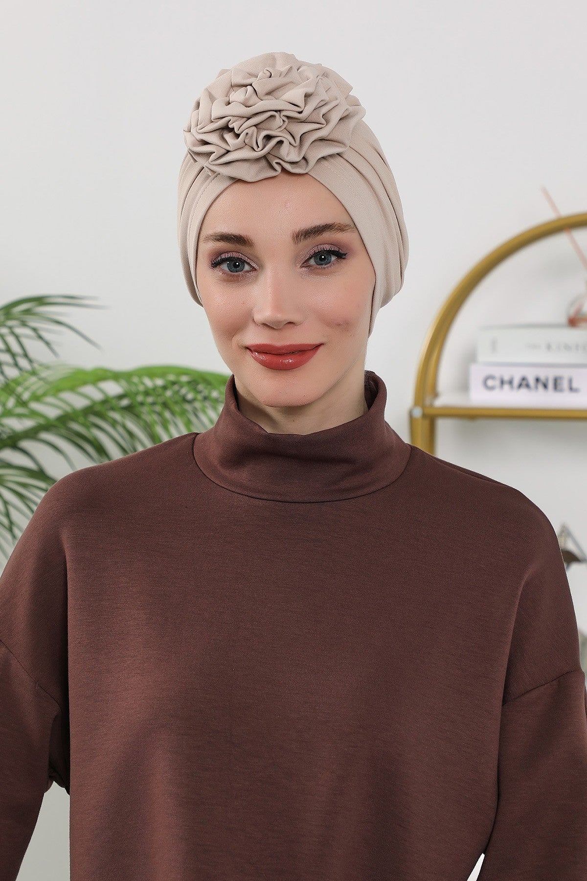 Floral Design Instant Turban Hijab for All Seasons, Ready to Wear Headscarf with Rose Accent, Soft Stretchy Fabric, Comfortable One Size Head Cover for Women,B-21O Beige