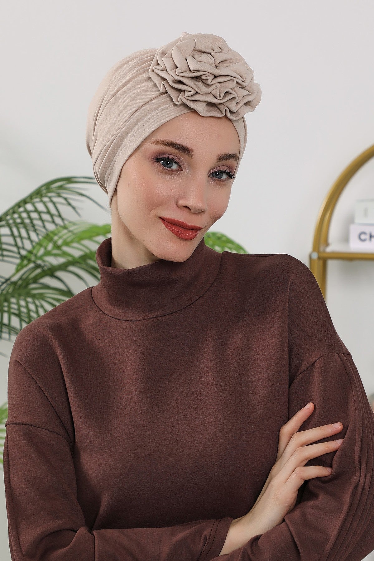 Floral Design Instant Turban Hijab for All Seasons, Ready to Wear Headscarf with Rose Accent, Soft Stretchy Fabric, Comfortable One Size Head Cover for Women,B-21O Beige