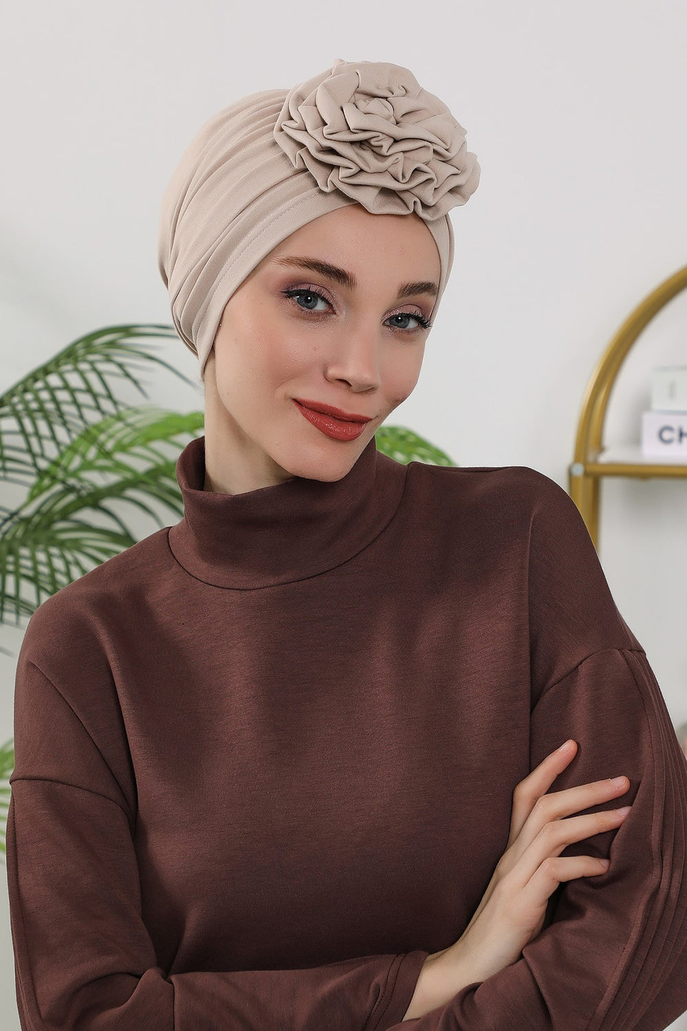 Floral Design Instant Turban Hijab for All Seasons, Ready to Wear Headscarf with Rose Accent, Soft Stretchy Fabric, Comfortable One Size Head Cover for Women,B-21O Beige