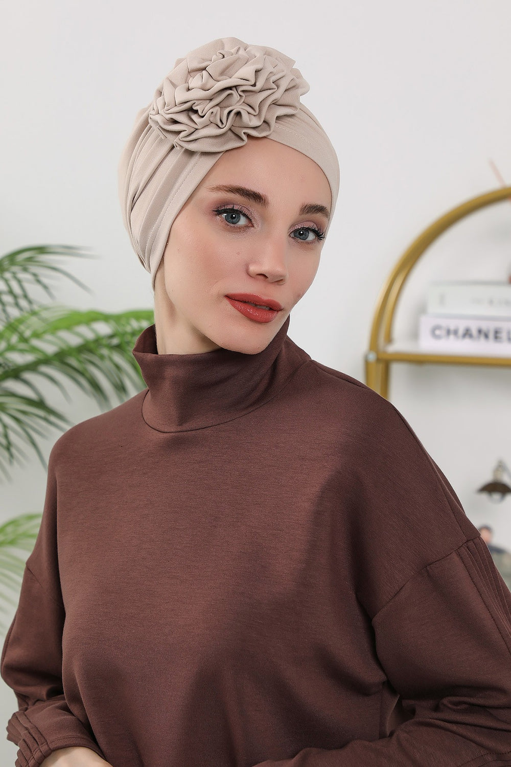 Floral Design Instant Turban Hijab for All Seasons, Ready to Wear Headscarf with Rose Accent, Soft Stretchy Fabric, Comfortable One Size Head Cover for Women,B-21O Beige