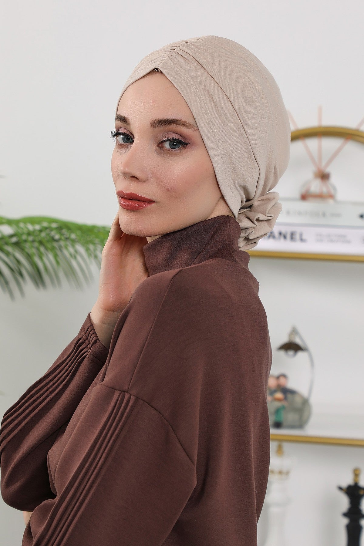 Floral Design Instant Turban Hijab for All Seasons, Ready to Wear Headscarf with Rose Accent, Soft Stretchy Fabric, Comfortable One Size Head Cover for Women,B-21O Beige