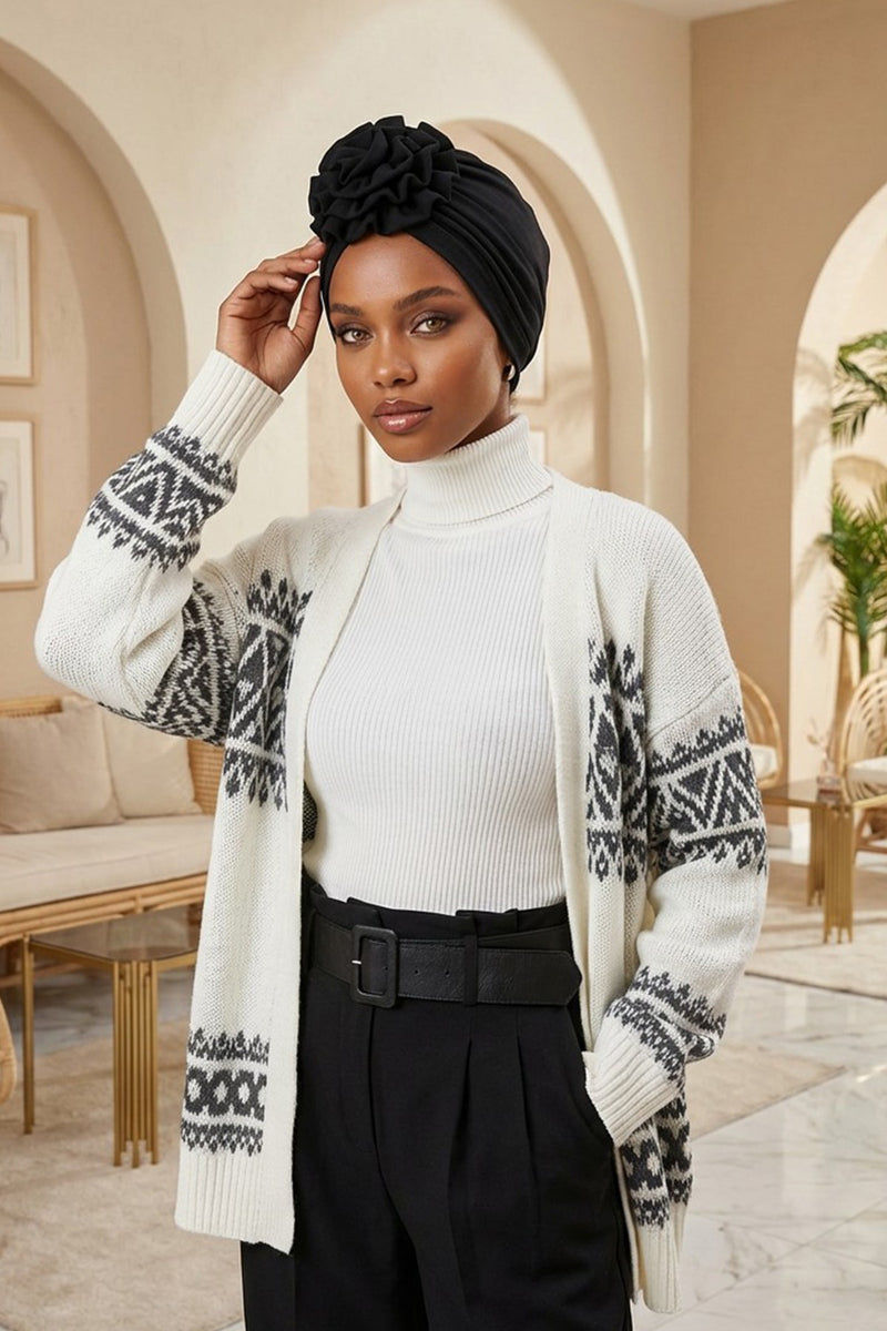 Floral Design Instant Turban Hijab for All Seasons, Ready to Wear Headscarf with Rose Accent, Soft Stretchy Fabric, Comfortable One Size Head Cover for Women,B-21O