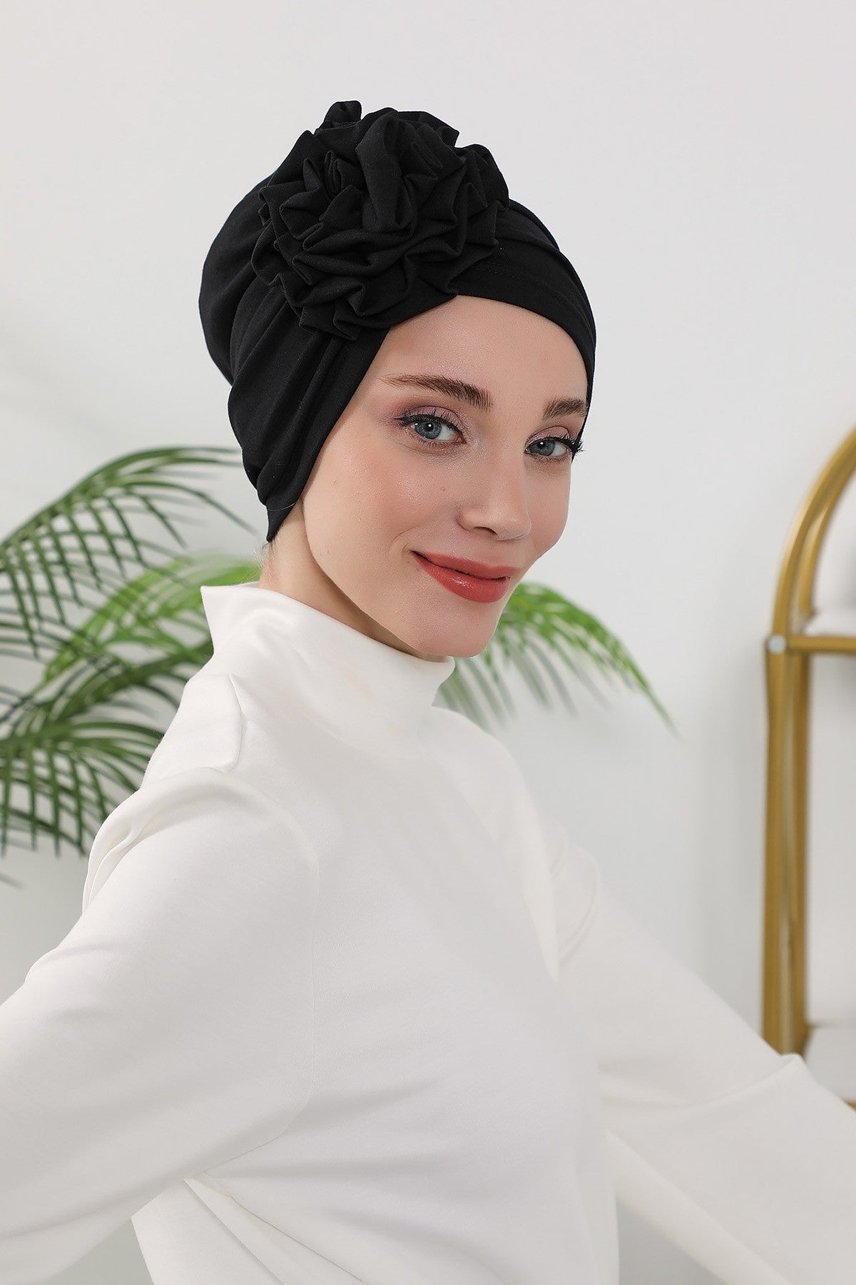 Floral Design Instant Turban Hijab for All Seasons, Ready to Wear Headscarf with Rose Accent, Soft Stretchy Fabric, Comfortable One Size Head Cover for Women,B-21O Black